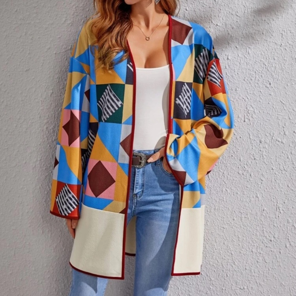 NEW INVENTORY 🔥OVERSIZED Geo Print Contrast Binding Open Front Cardigan🔥